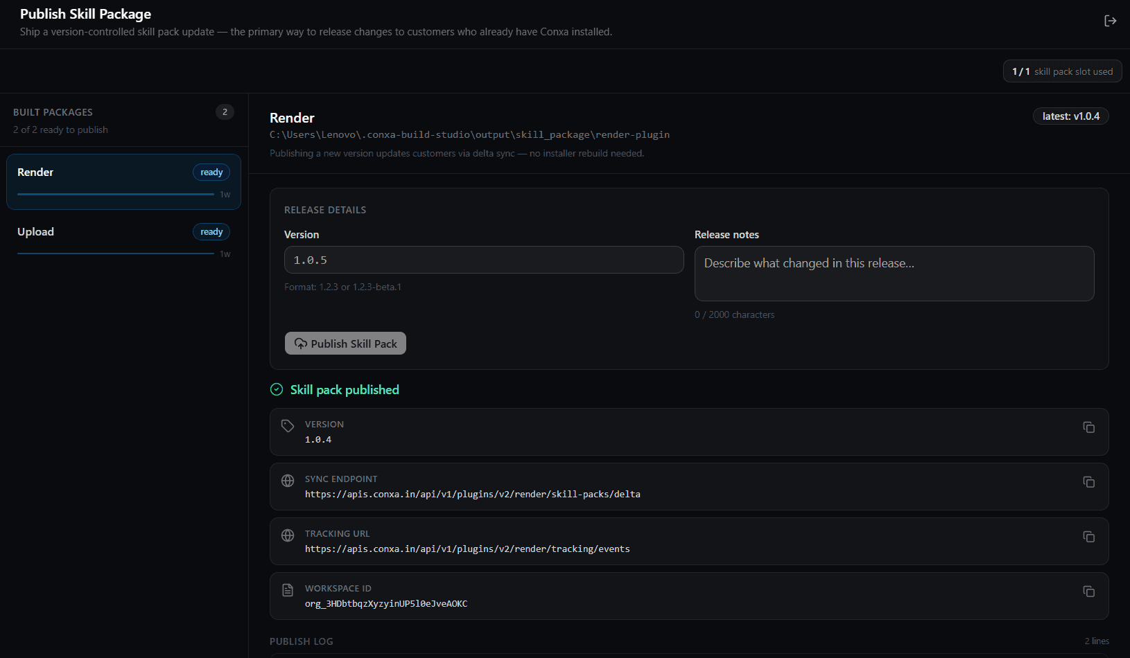 Publishing a versioned skill package for customers to install